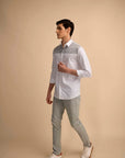 White Grey Panel Stretch Satin Shirt