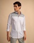 White Grey Panel Stretch Satin Shirt