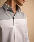 White Grey Panel Stretch Satin Shirt