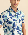 Half Sleeves Aqua Leaf Print Shirt EOSS