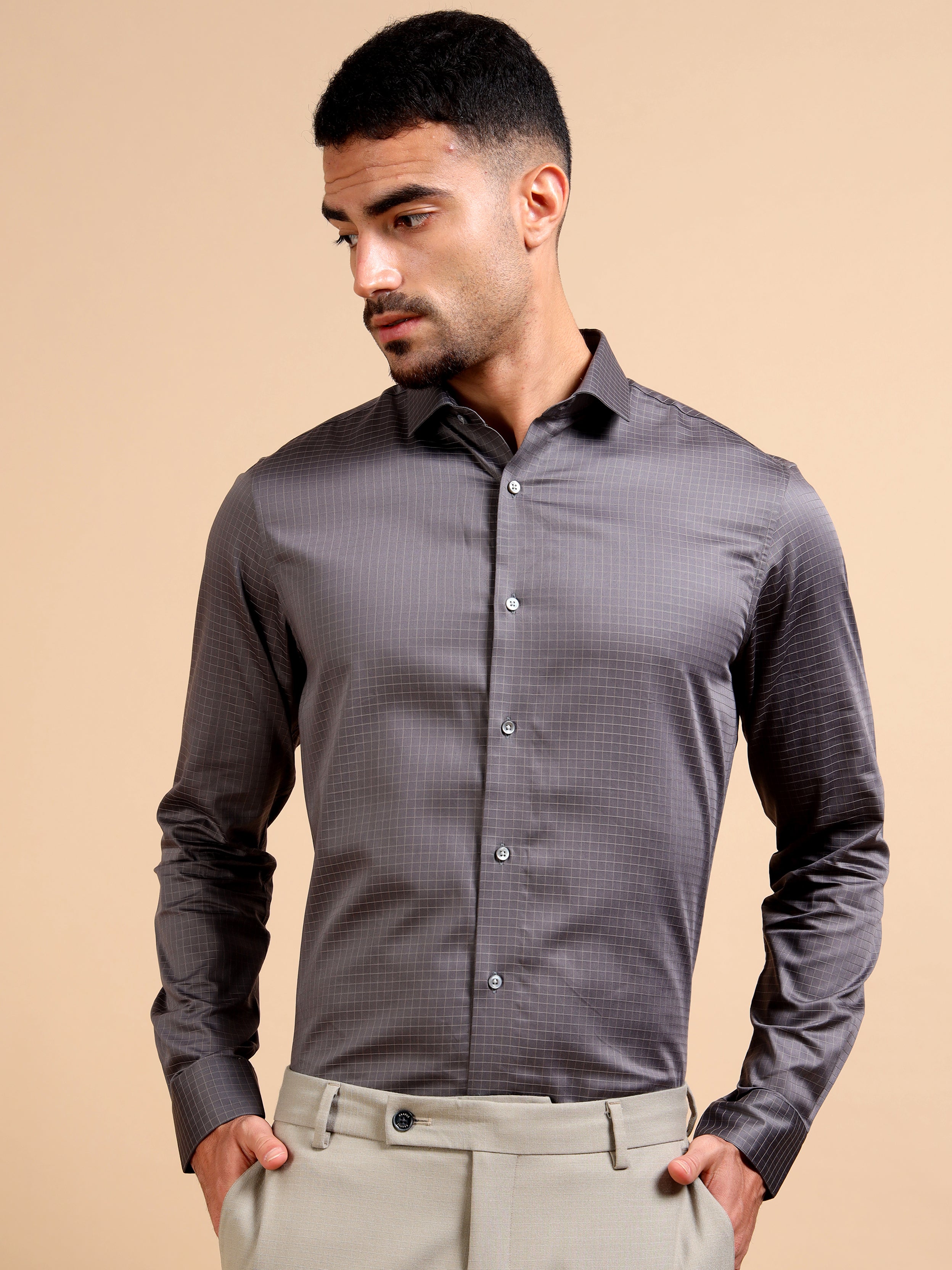 Neutral Grey Formal Check Shirt