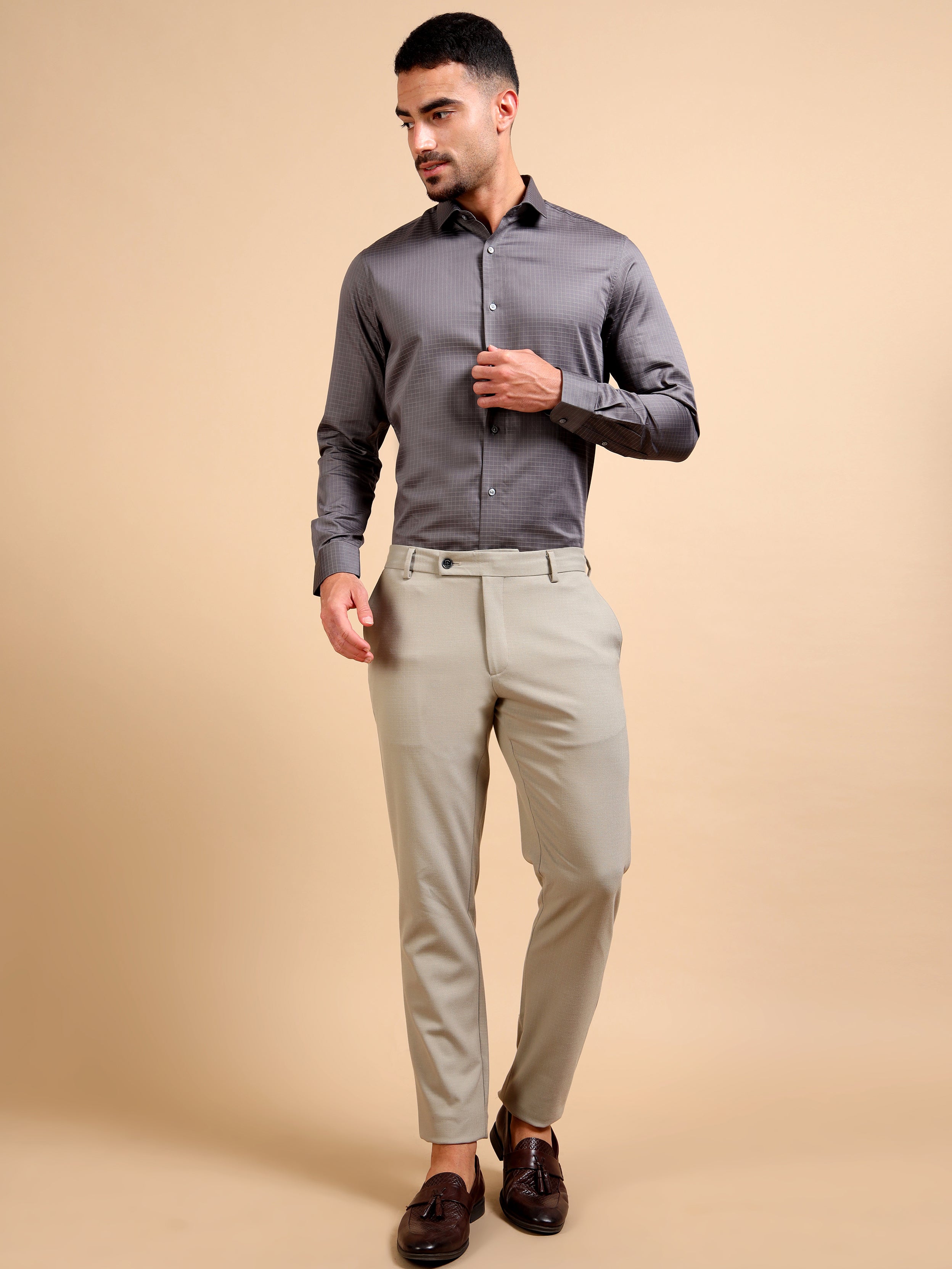 Neutral Grey Formal Check Shirt