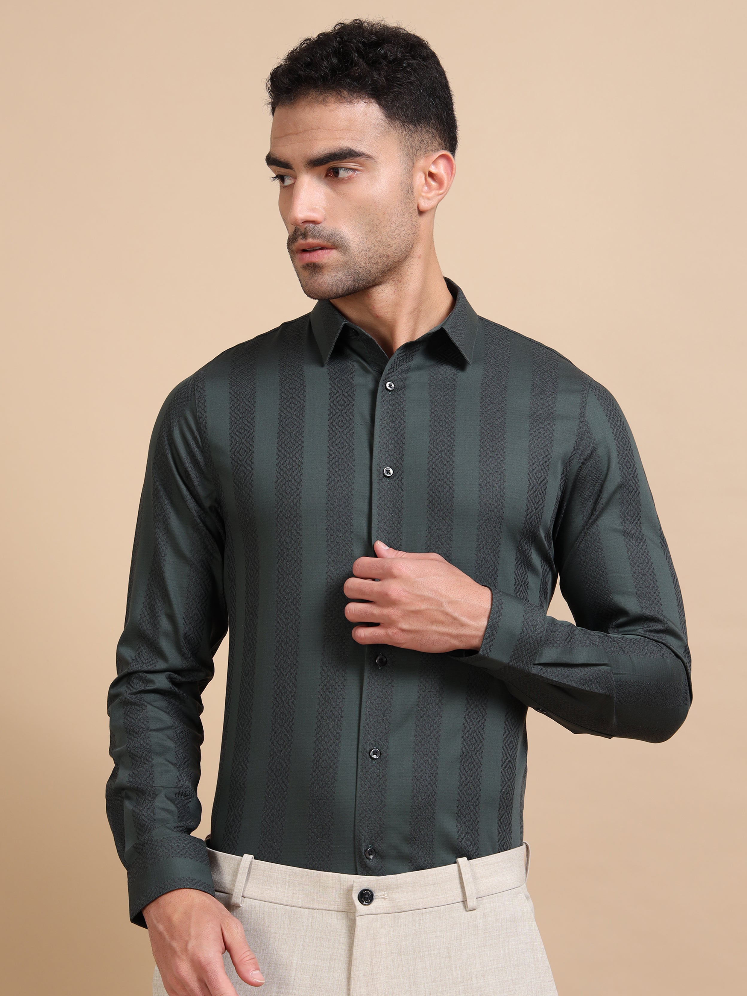 Green Striped Jacquard Evening Shirt