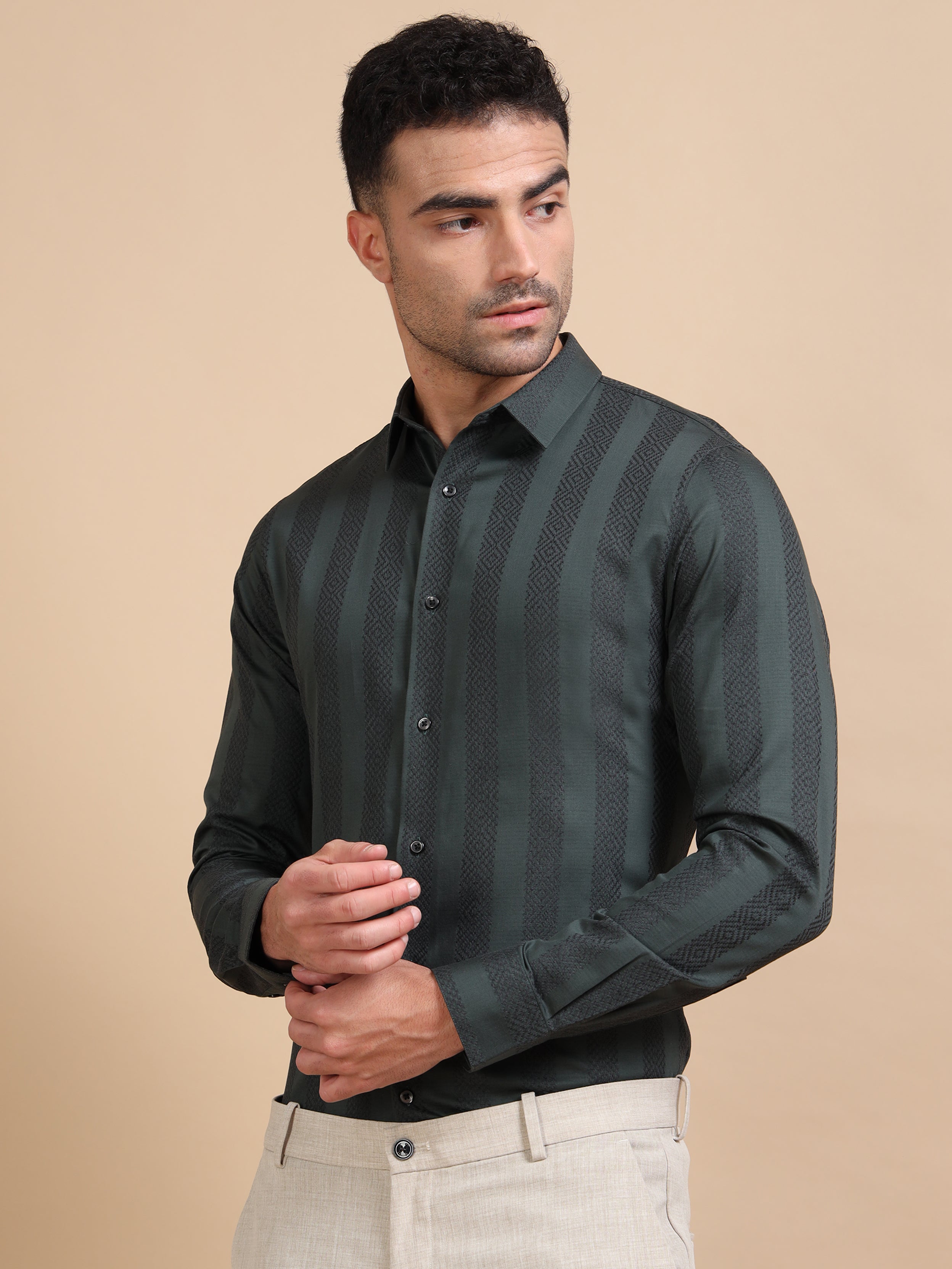 Green Striped Jacquard Evening Shirt