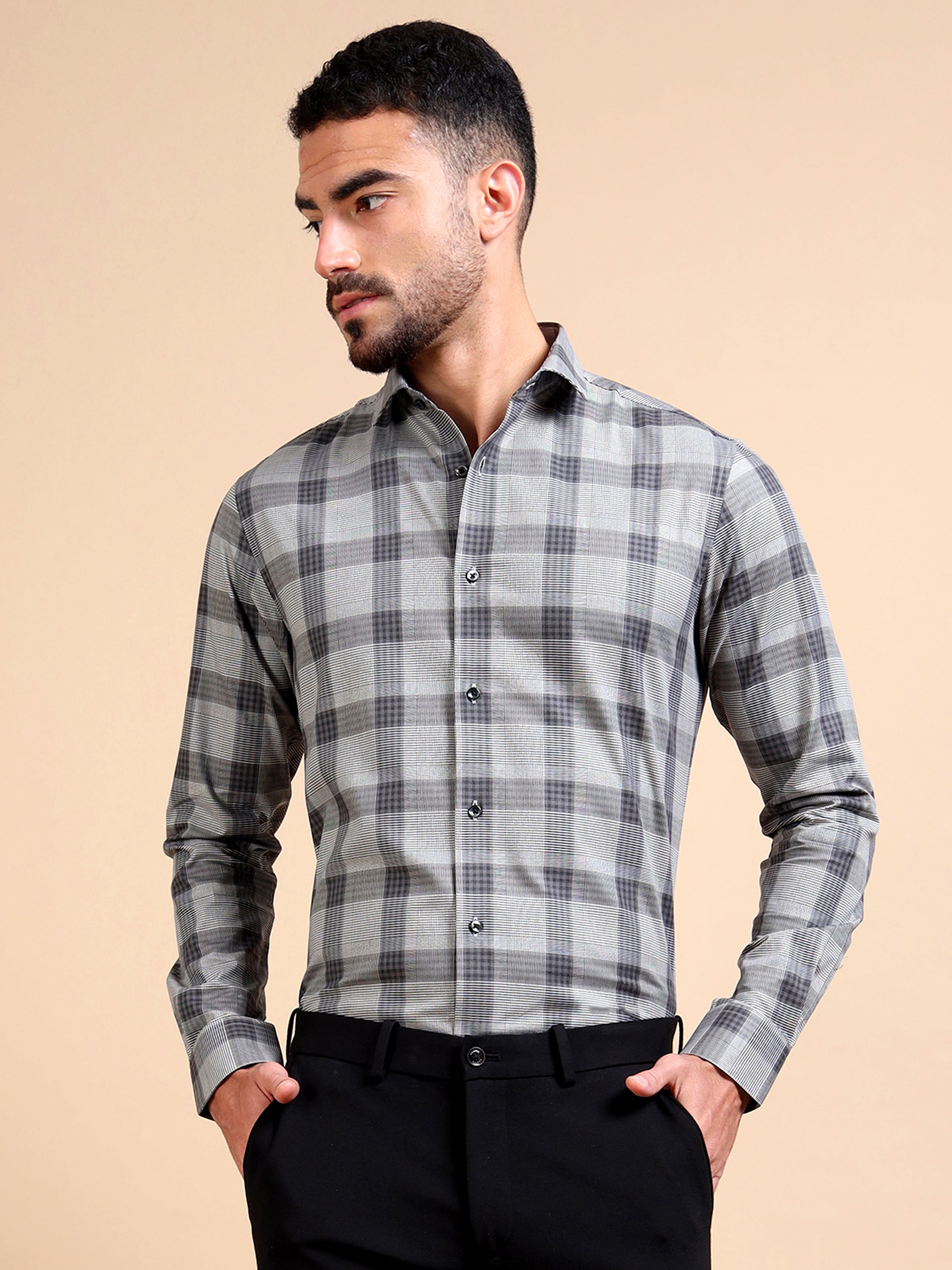 Black Grey Formal Check Shirt