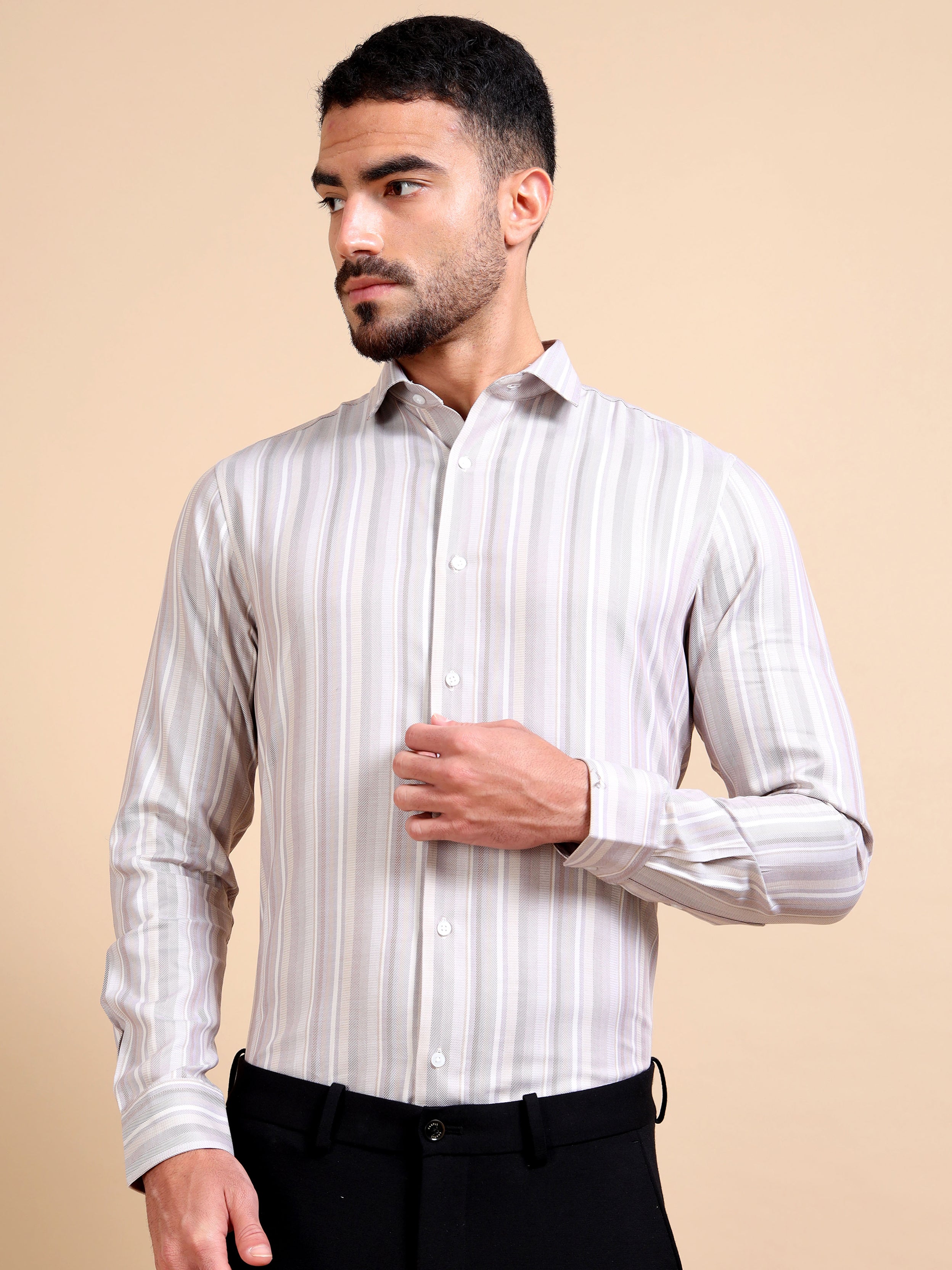 Khaki Striped Formal Shirt