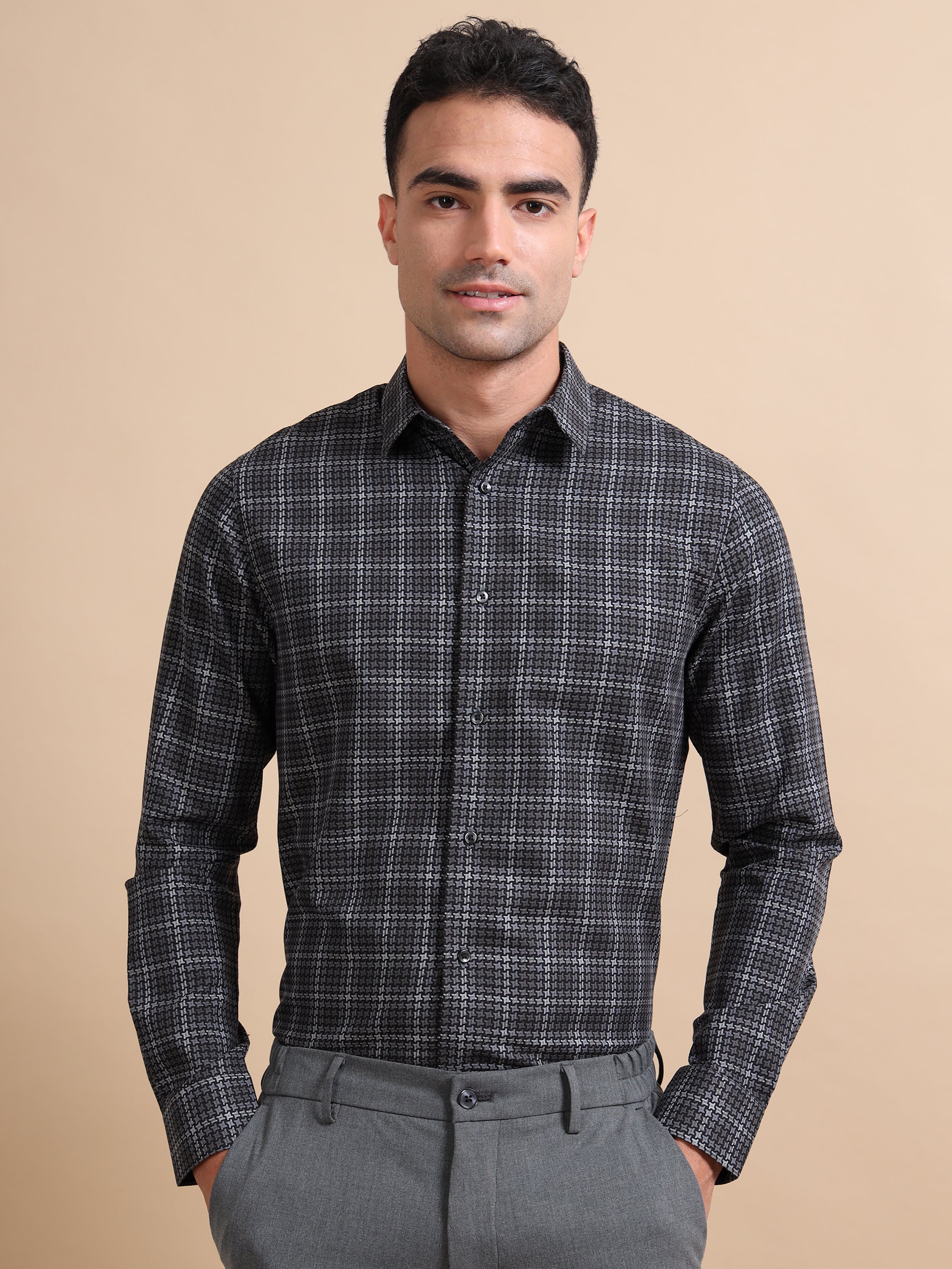 Compelling Black Check Jacquard Shirt