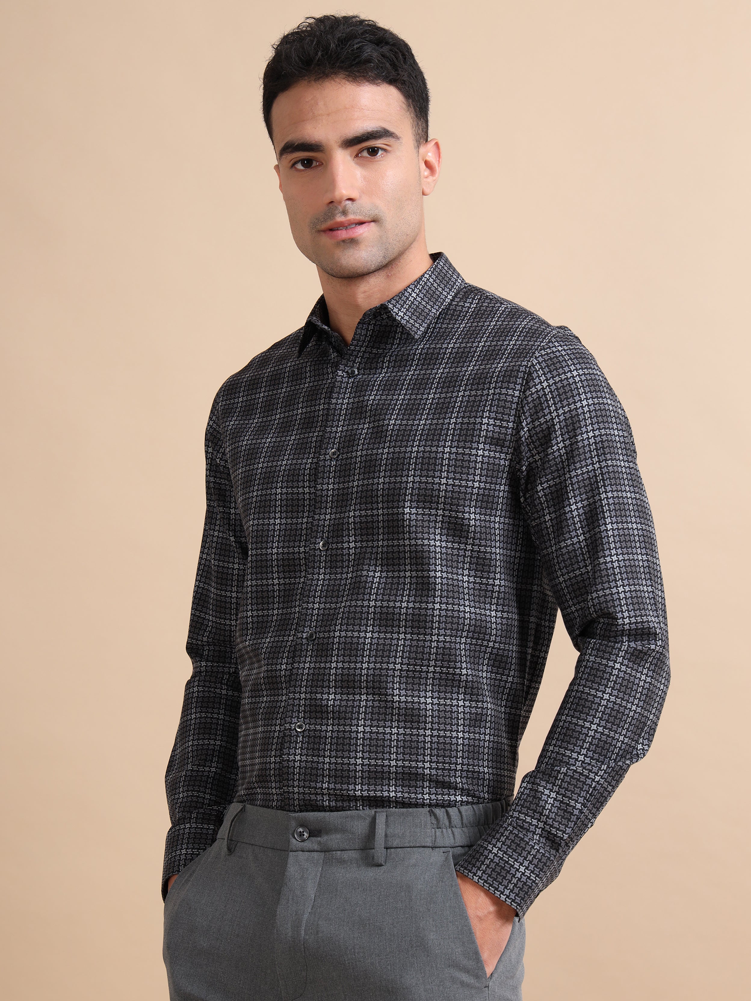 Compelling Black Check Jacquard Shirt