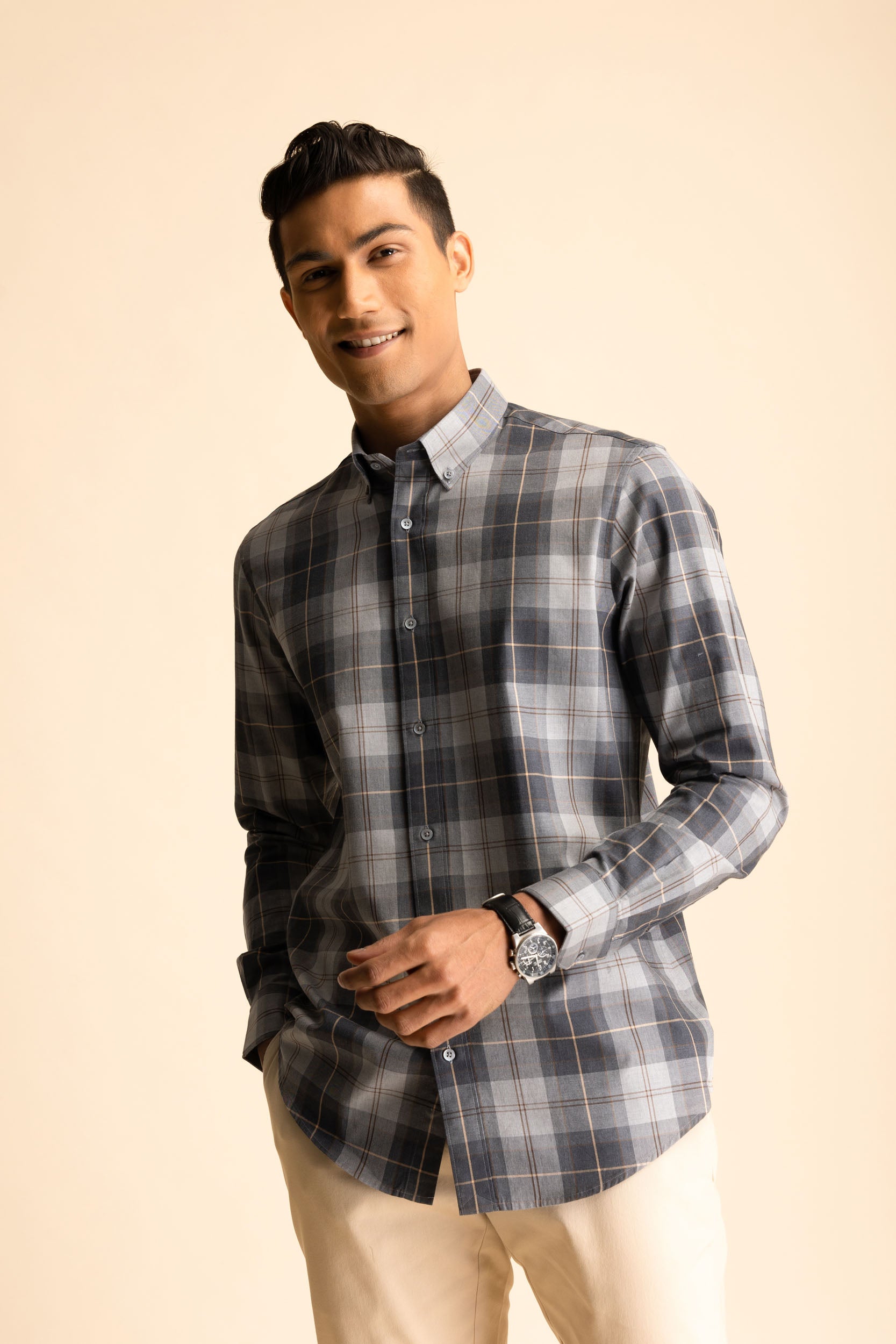 Grey Button-Down Check Shirt