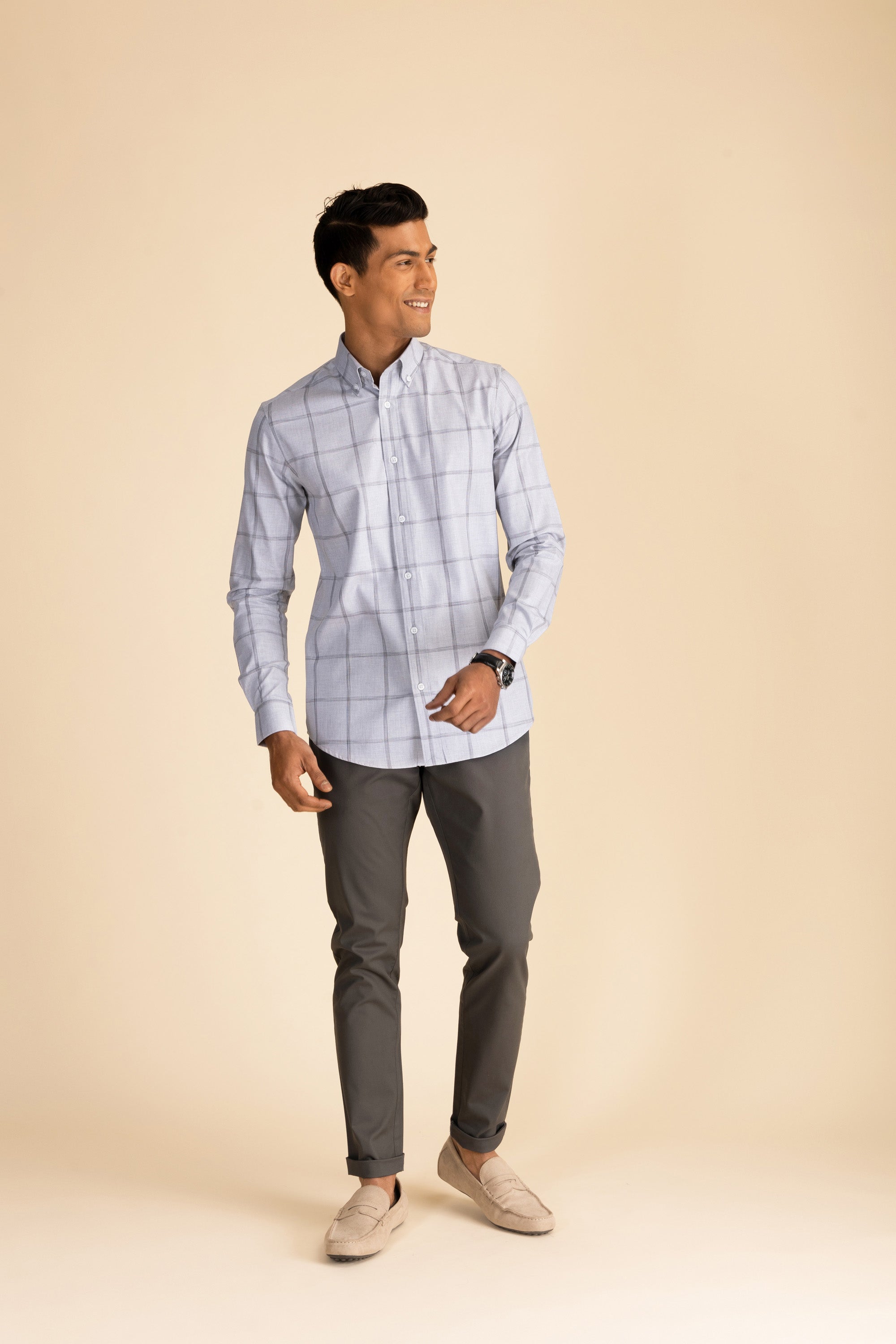 Light Grey Button-Down Check Shirt