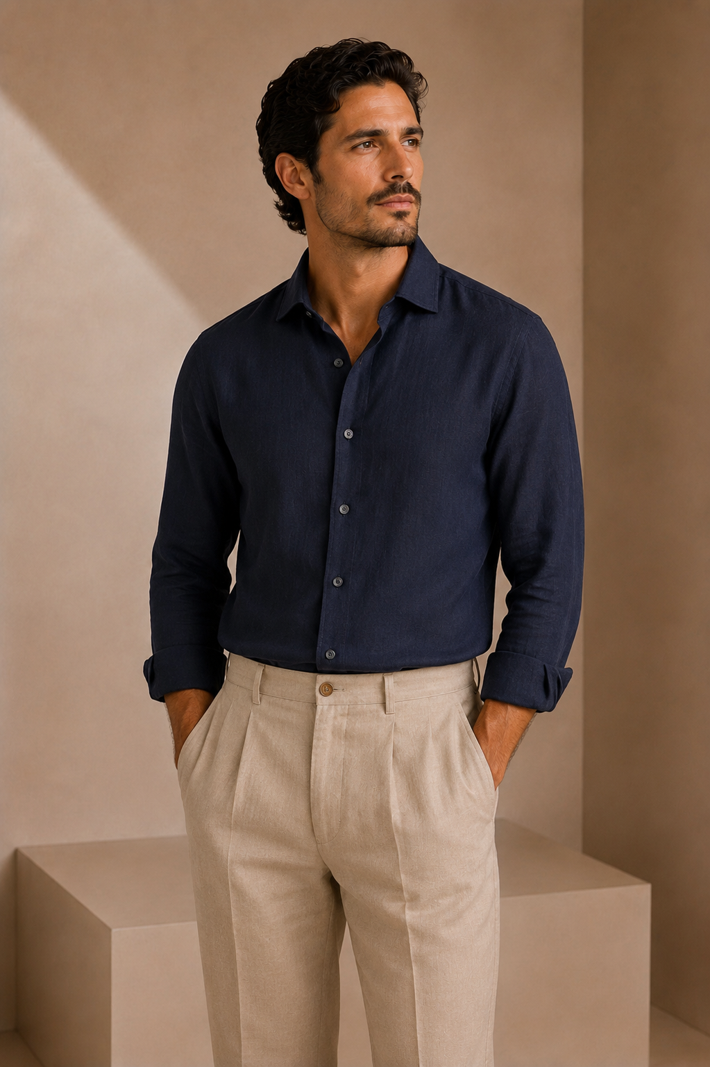 Navy Linen Casual Shirt