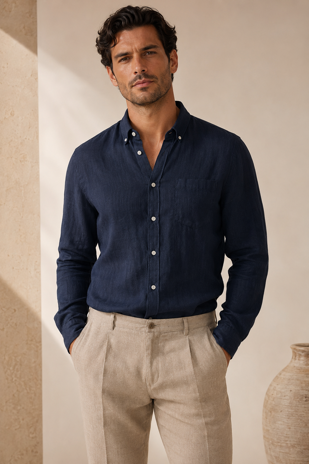 Navy Linen Button Down Shirt