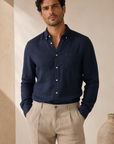Navy Linen Button Down Shirt