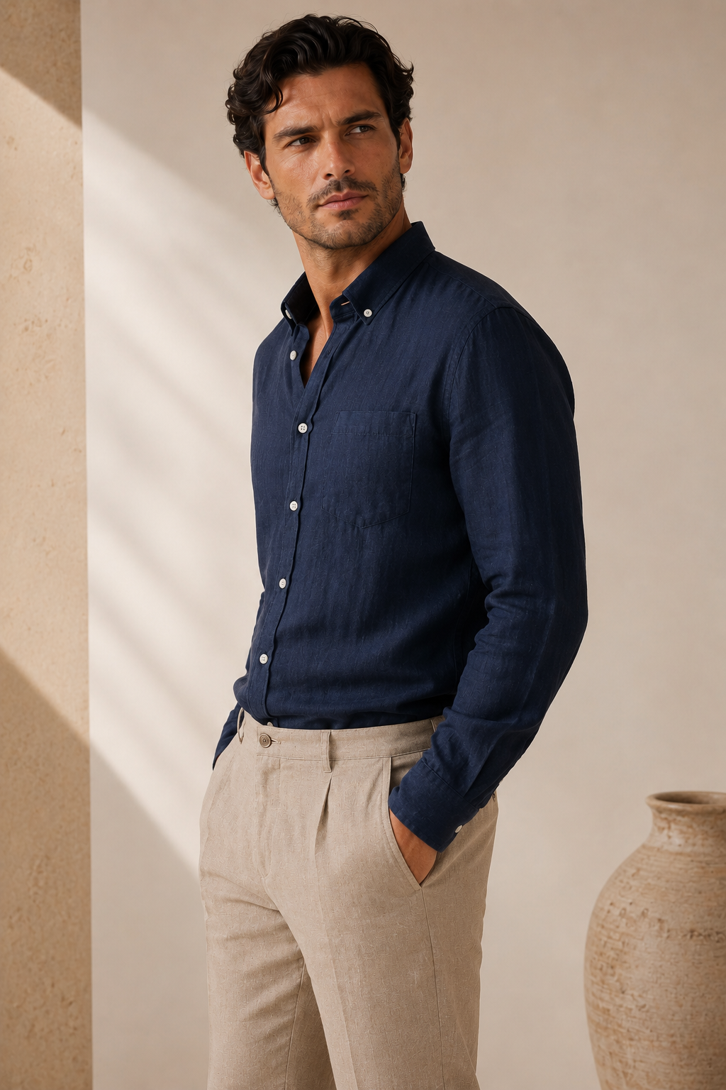 Navy Linen Button Down Shirt