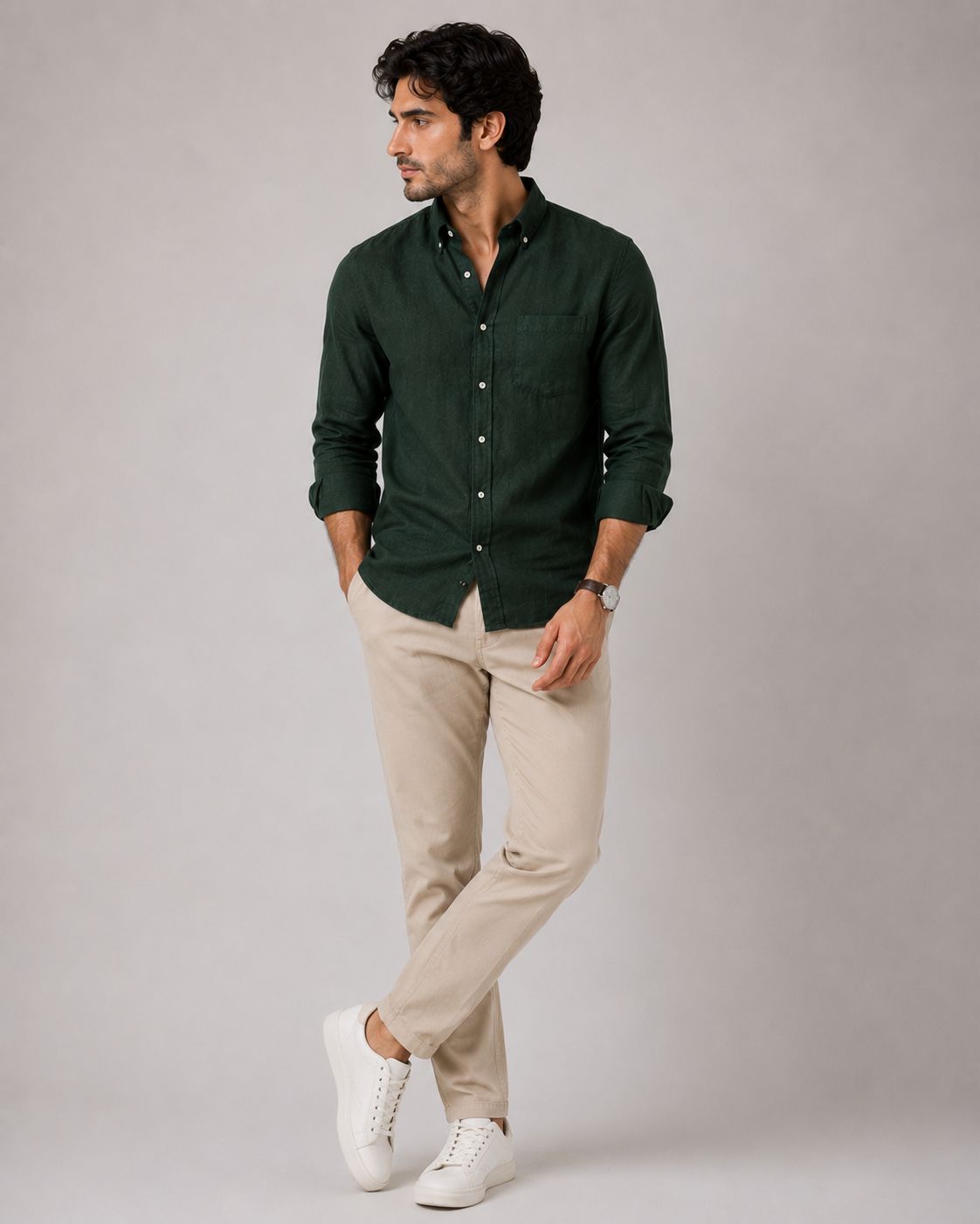 Dark Green Linen Button Down Shirt