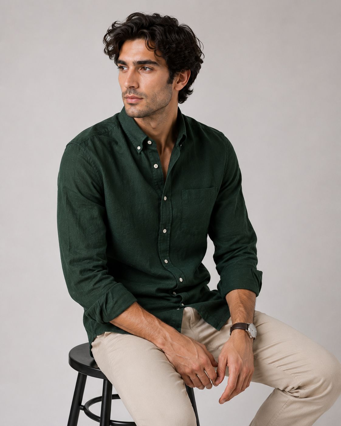 Dark Green Linen Button Down Shirt