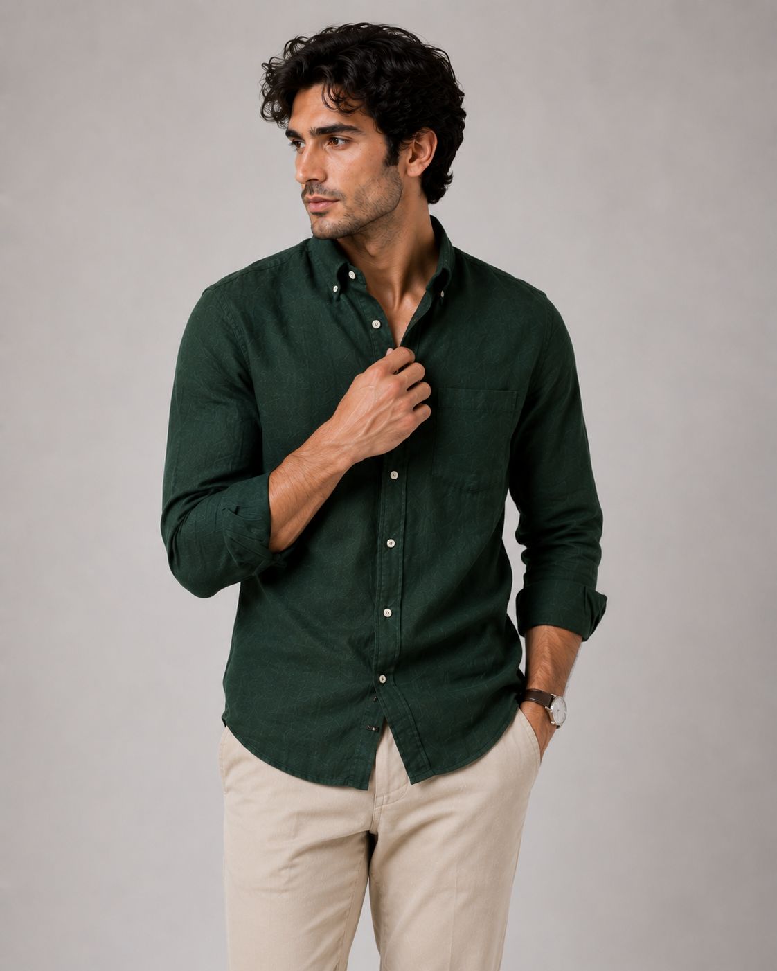 Dark Green Linen Button Down Shirt